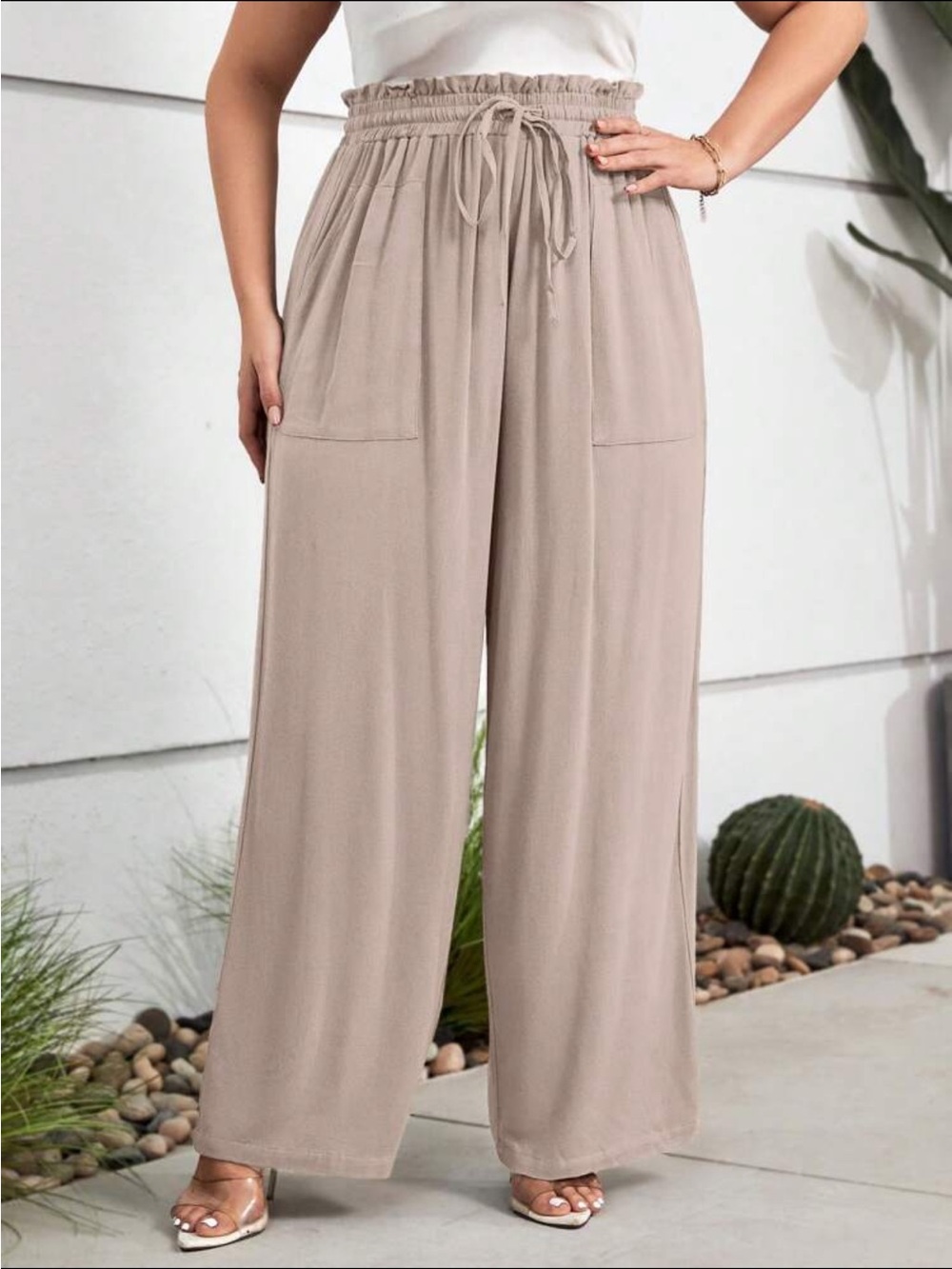 SHEIN Taupe Elastic Waist Wide Leg Pants